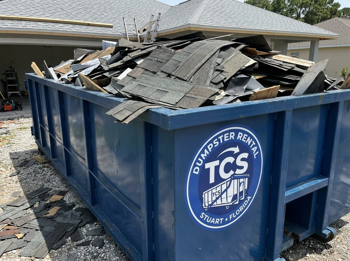 20 yard roll-off dumpster loaded with roofing tear-off debris on a Stuart, FL job site 20 yard roll-off dumpster loaded with roofing tear-off debris on a Stuart, FL job site