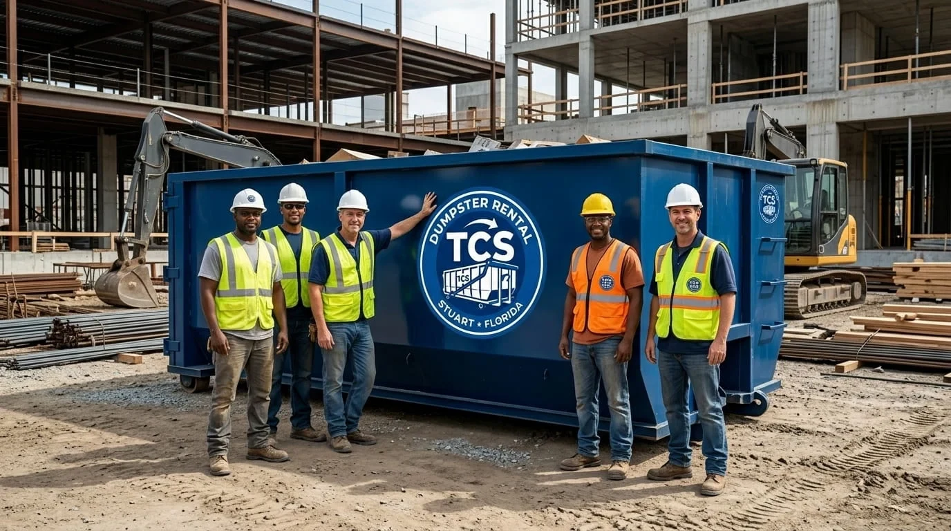 TCS Dumpster Rental crew at a 40 yard dumpster on a large commercial job site in Martin County TCS Dumpster Rental crew at a 40 yard dumpster on a large commercial job site in Martin County