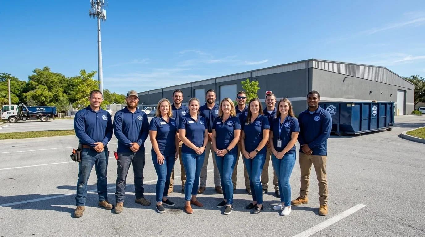 TCS Dumpster Rental office and field team posed together outside the company building in Stuart, FL TCS Dumpster Rental office and field team posed together outside the company building in Stuart, FL