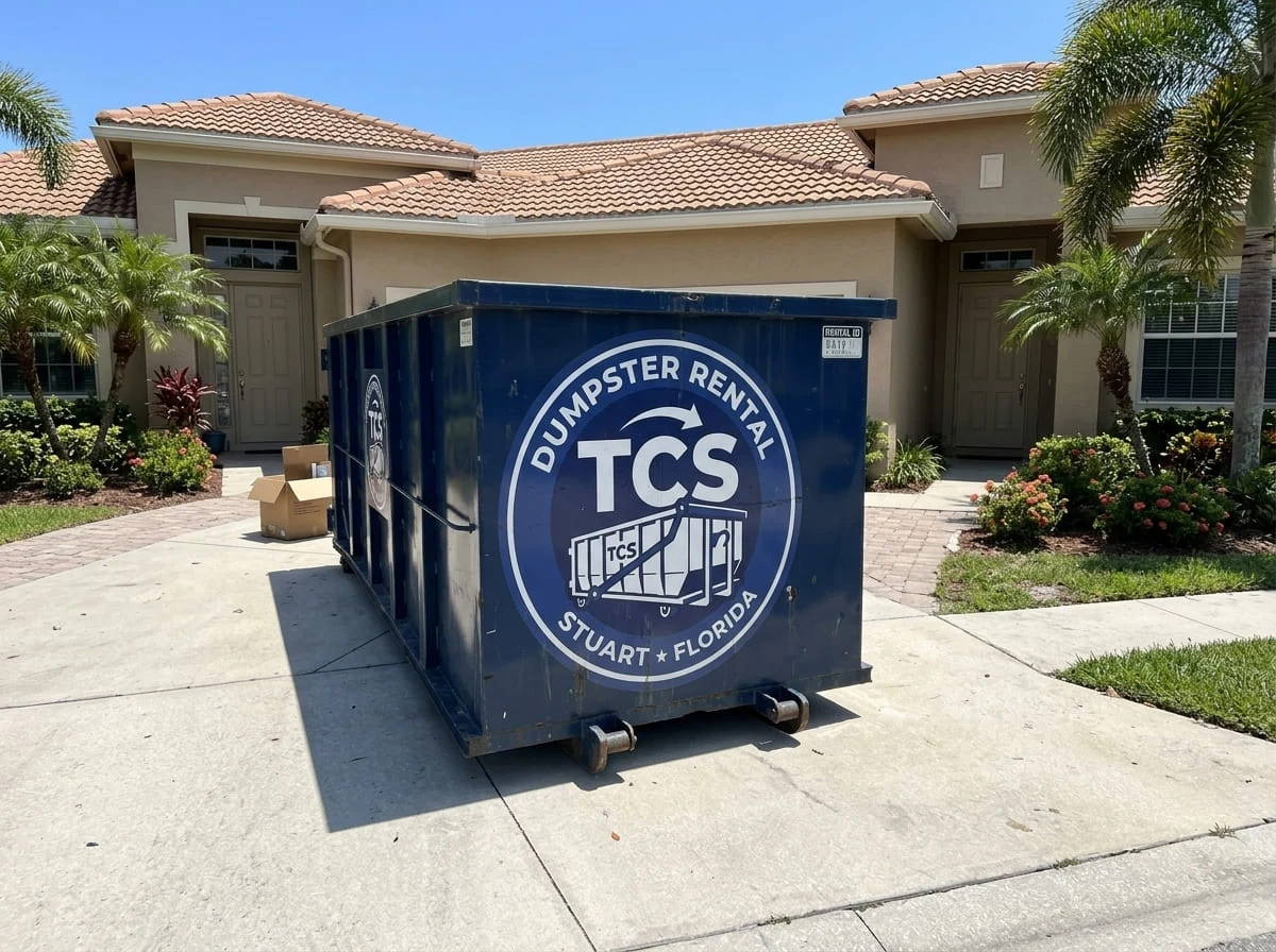 TCS Dumpster Rental roll-off dumpster delivered to a residential driveway in Stuart, FL