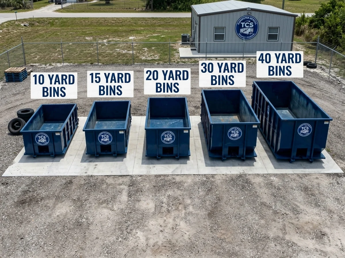 Every size we carry Five roll-off dumpster sizes lined up at the TCS Dumpster Rental yard in Stuart, FL