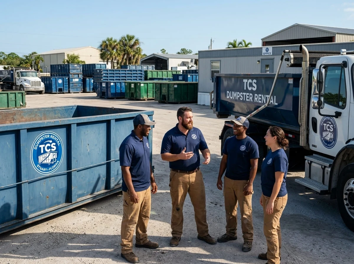 Our dumpster rental process in Stuart TCS Dumpster Rental crew talking through a delivery at the 4551 SE Hampton Ct yard in Stuart, FL
