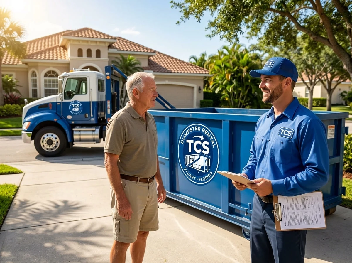 Local dumpster rental in Stuart TCS Dumpster Rental driver reviewing a delivery with a homeowner in Stuart, FL