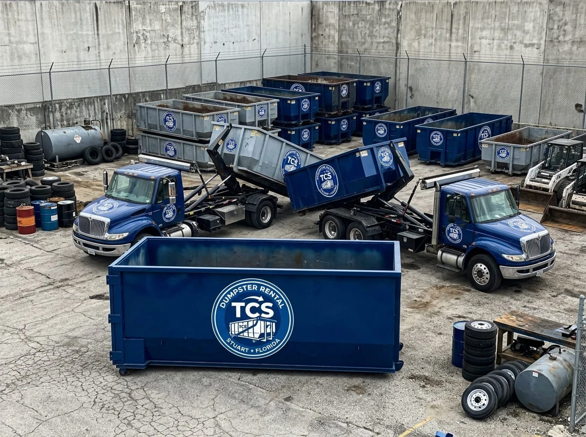 Loaded roll-off dumpster and tonnage weight Roll-off dumpsters and trucks staged in the TCS Dumpster Rental yard near Stuart, FL