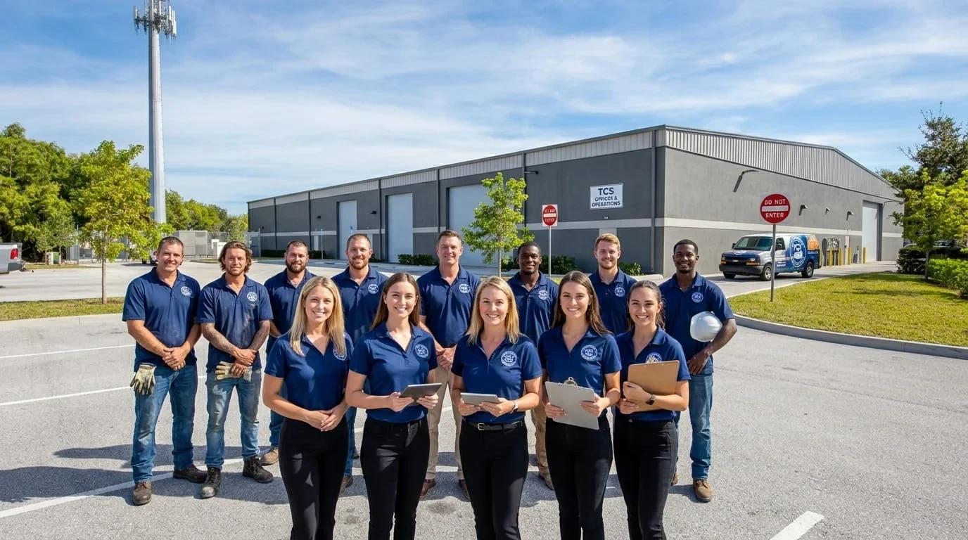 Large TCS Dumpster Rental office and operations team outside the company building signage in Stuart, FL Large TCS Dumpster Rental office and operations team outside the company building signage in Stuart, FL